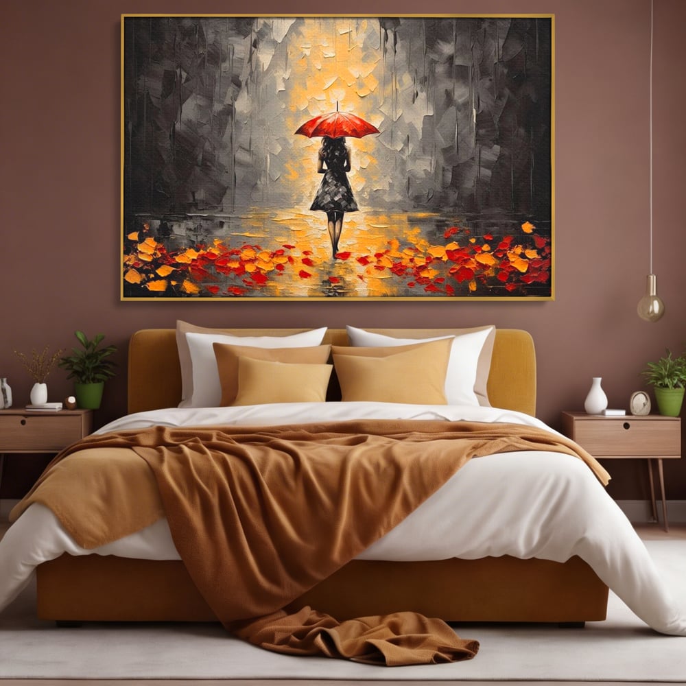 Tablou canvas cu tablou canvas cu femeie sub umbrela rosie, in rama de aluminiu auriu, pe perete intr-un dormitor